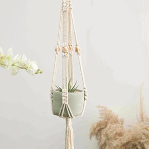 May include: Cream-colored macrame plant hanger with a small, light green pot holding a succulent. The hanger features wooden beads and a wooden ring at the top for hanging. A decorative and stylish way to display plants.
