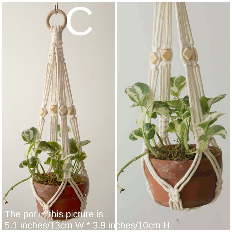 Macrame plant hanger 'C' with elegant knot patterns and wooden beads created by Macramebeautiful, cradling a lush potted plant, perfect for adding greenery to home decor