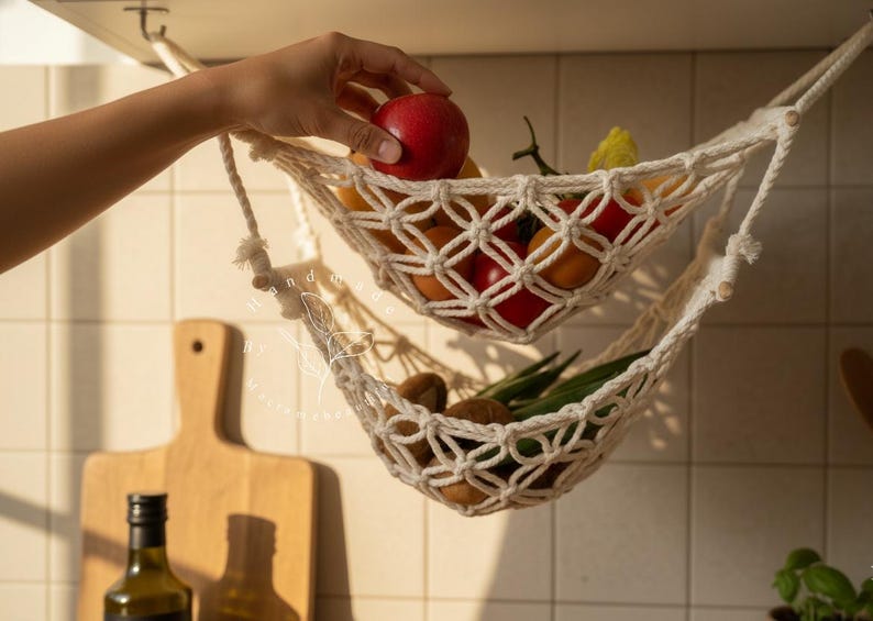 Handmade macramé two-tier fruit hammock in natural cotton, hanging kitchen fruit basket with apples, oranges and kiwis — boho farmhouse decor, space-saving organizer for countertop or wall.