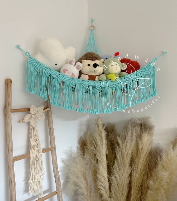 Roury Stuffed Animal Toy Hammock Macrame with Light, Corner Toy Corner Hammock Organizer Display Holder Net for Hanging Stuff An