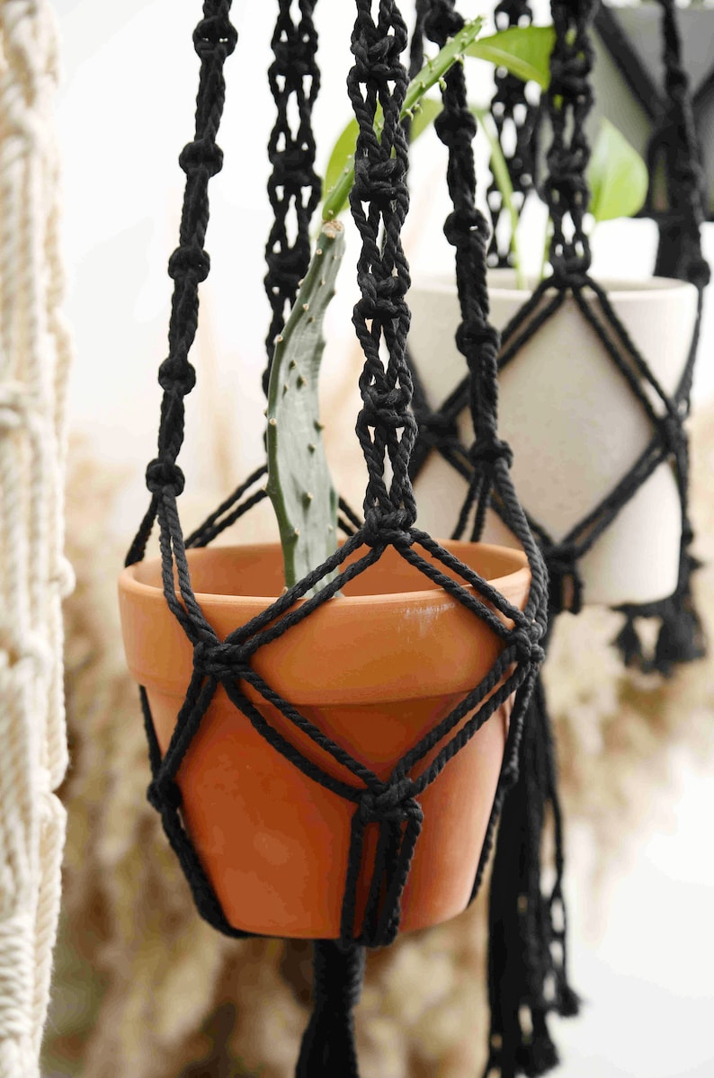 Macrame Plant Hanger Rope Hanging Planter Black Wall Planter Etsy