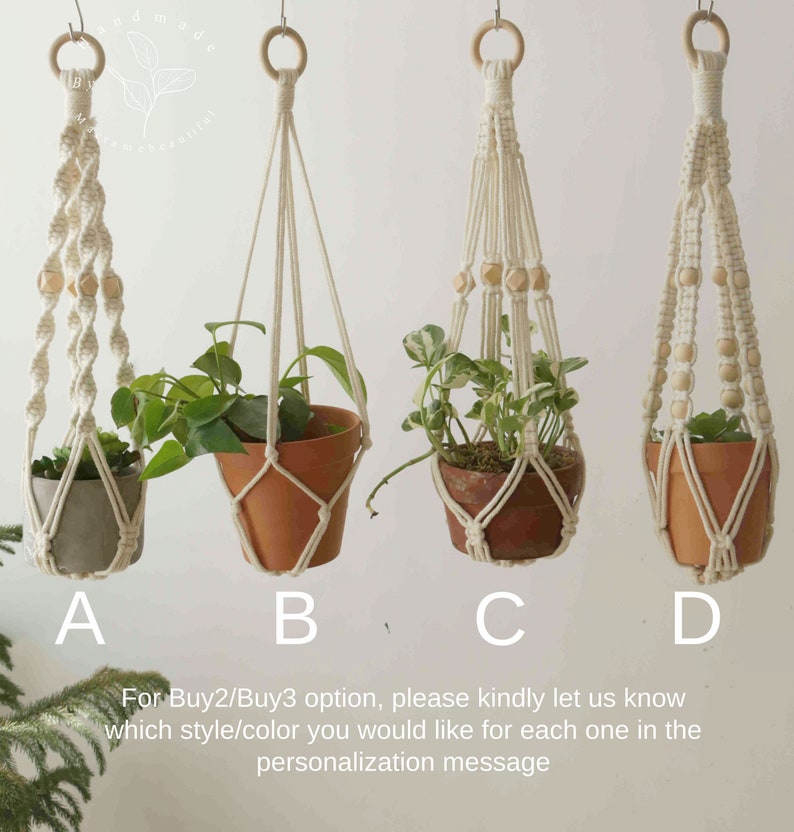 Assorted macrame plant hangers featuring various knotting styles with intricate beadwork for stylish plant display. Created by Macramebeautiful