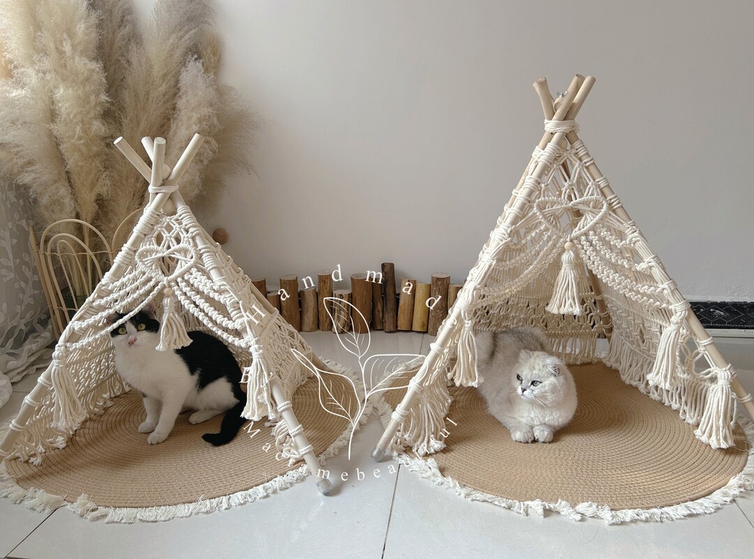 Boho Cat Bed Macrame Cat Dog Tent Handmade Cat Cave Wooden Dog House