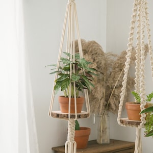 May include: Two macrame plant hangers with wooden shelves. The hangers are made of natural cotton rope and have a tassel at the bottom. The shelves are made of natural wood and are about 6 inches in diameter. The hangers are hanging from the ceiling and are holding potted plants.