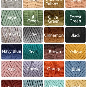 May include: A color chart featuring various shades of macrame cord. Colors include natural, beige, mustard yellow, camel, sage, light green, olive green, forest green, light gray, gray, cinnamon, black, navy blue, teal, brown, yellow, pink, purple, orange, blue, red, grayish blue, mint green, and light yellow.
