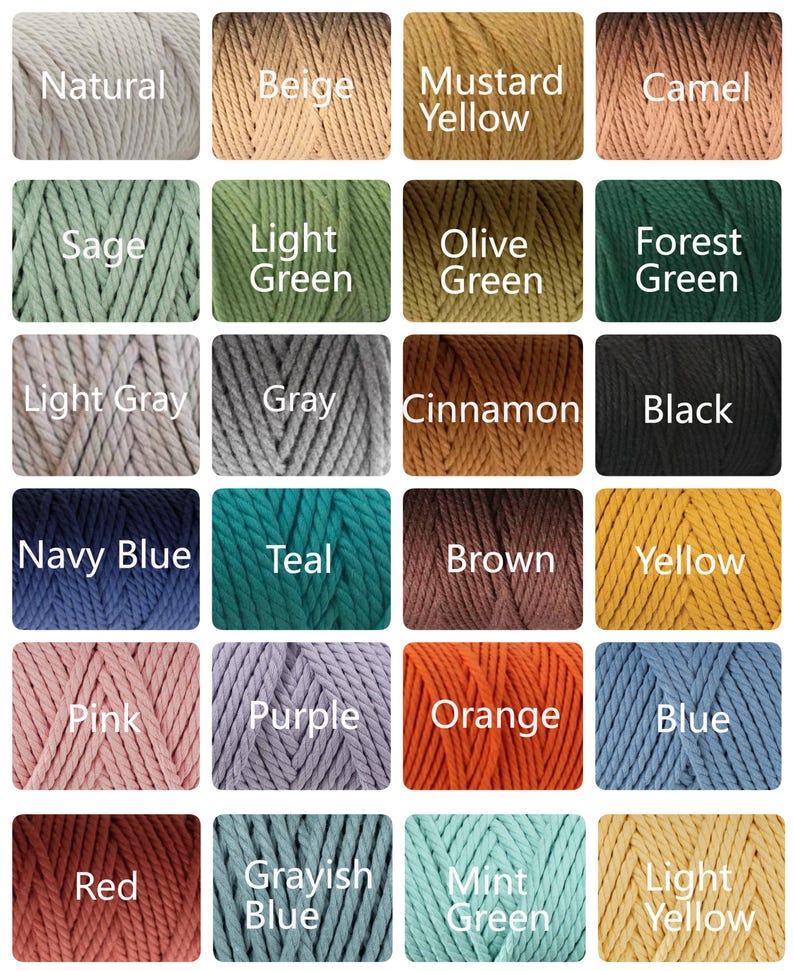 May include: A color chart featuring various shades of macrame cord. Colors include natural, beige, mustard yellow, camel, sage, light green, olive green, forest green, light gray, gray, cinnamon, black, navy blue, teal, brown, yellow, pink, purple, orange, blue, red, grayish blue, mint green, and light yellow.