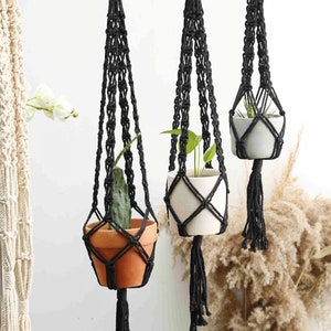 Black Macrame Plant Hanger Rope Hanging Planter for Indoor Plants Crochet Ceiling or Window Planter Pot Holder Simple Boho Plant lover gifts Black