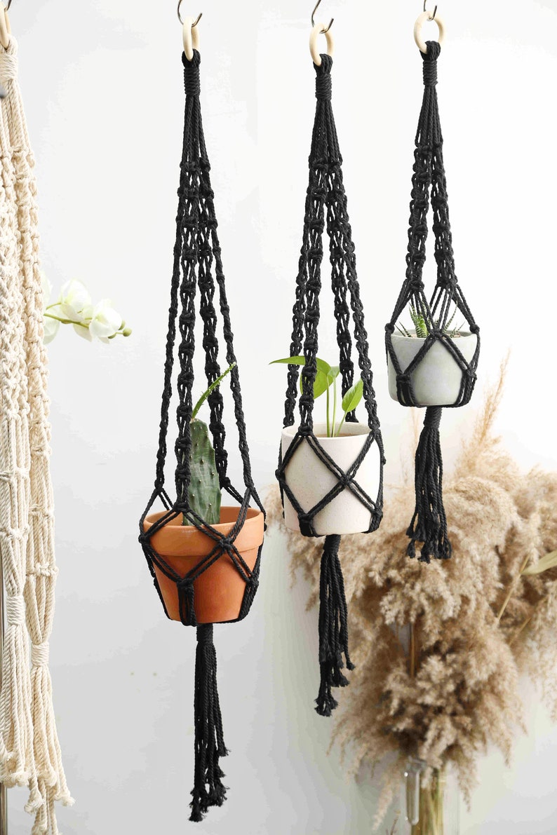 Black Macrame Plant Hanger Rope Hanging Planter for Indoor Plants Crochet Ceiling or Window Planter Pot Holder Simple Boho Plant lover gifts Black