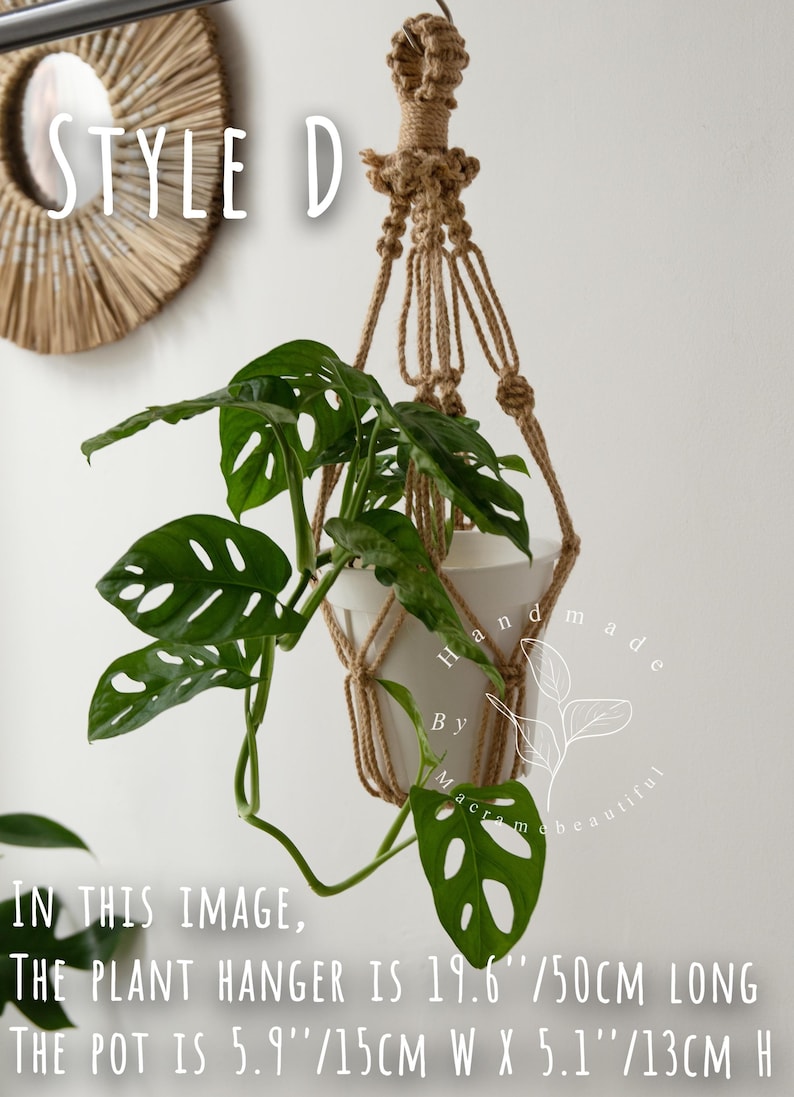 Handmade jute macramé plant hanger (Style D) with braided loop and scrunch-knot detailing suspending a white ceramic pot (5.9″×5.1″) filled with trailing Swiss cheese vine—boho-chic indoor hanging planter, 19.6″/50 cm long.