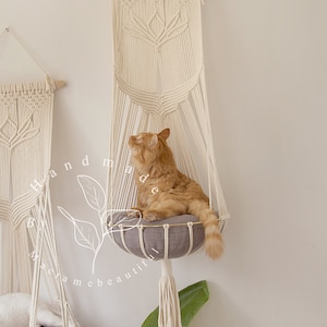 Boho Macrame Cat Hammock Hanging Cat Bed and Tree Pet Wall Furniture Crochet Cat Supplies Perfect Cat Lover Gift and Pet Gift Idea Offwhite