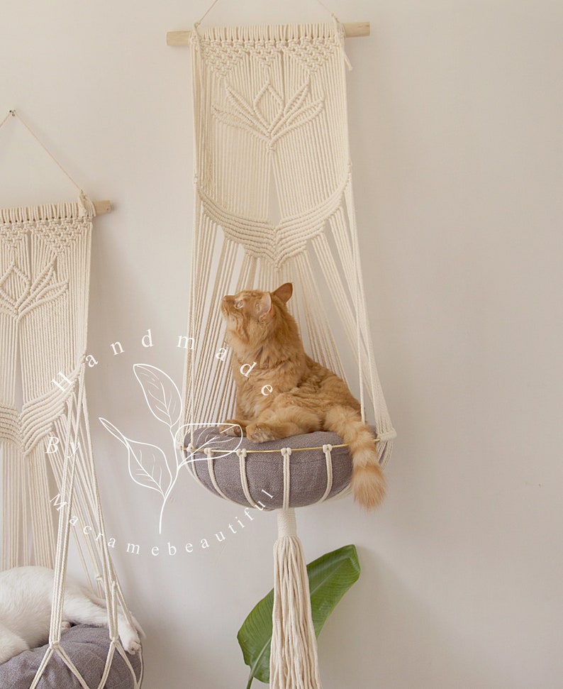 Boho Macrame Cat Hammock Hanging Cat Bed and Tree Pet Wall Furniture Crochet Cat Supplies Perfect Cat Lover Gift and Pet Gift Idea Offwhite