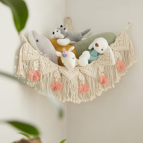 Hamac jouet en macramé Hamac d'angle au crochet Rangement animal en peluche Filet de jouet en macramé pour chambre d'enfants, rangement pour chambre d'enfant, décoration bohème, cadeaux pour elle