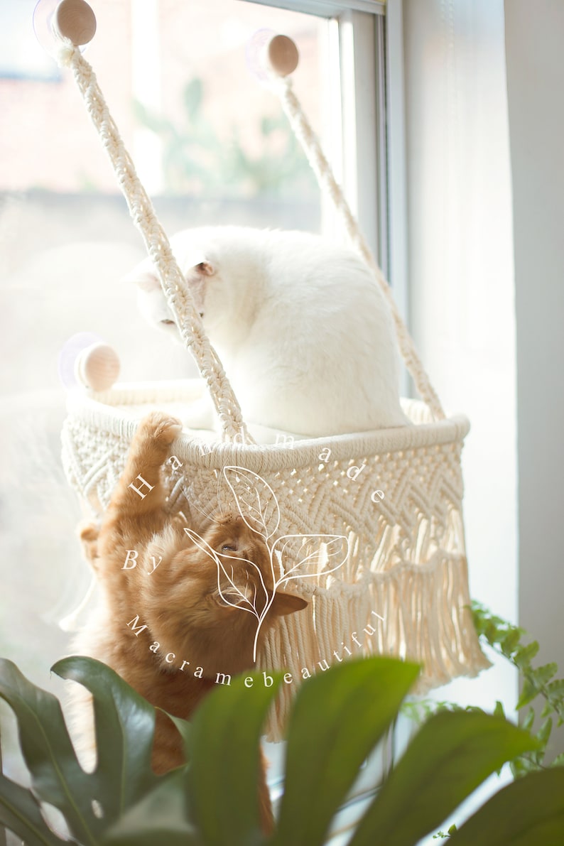 Cat window perch Window cat seat Macrame cat hammock Cat window shelf Hanging cat bed Cat lover gifts, Modern cat furniture, Cat tower image 3