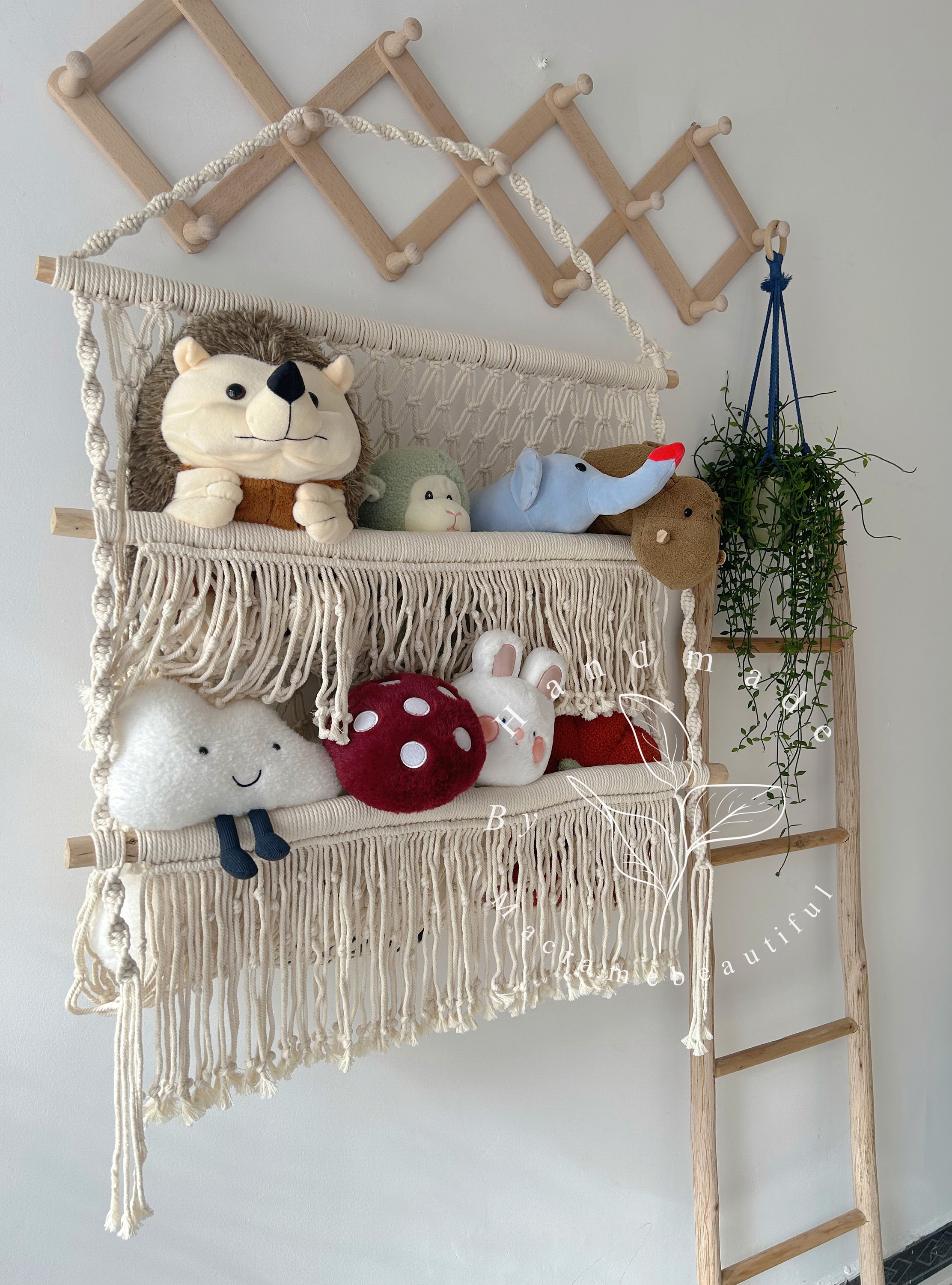 Hangende Knuffel Organizer Macramé Speelgoed Net - Hangende Opbergnet Voor Knuffels, Pluche Dieren - Bohemian Stijl, Roze - Voor Kinderkamer Of Woonkamer Macramé Speelgoednet