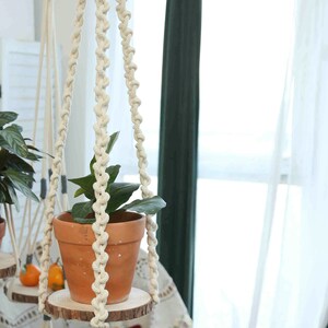 May include: A white macrame plant hanger with a terracotta pot and green plant hanging from it. The hanger is attached to a wooden dowel rod and has tassels at the bottom.