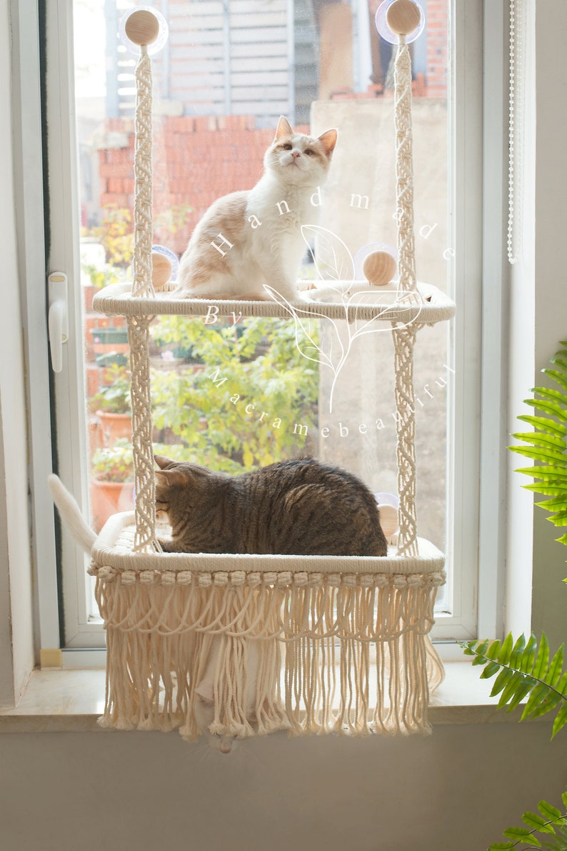 Katzenfensterstange Makramee-Katzenhängematte Fensterkatzensitz Fenstermontiertes Katzenbett Schwimmende Katzenregale Geschenke für Katzenliebhaber, Moderne Katzenmöbel Bild 8