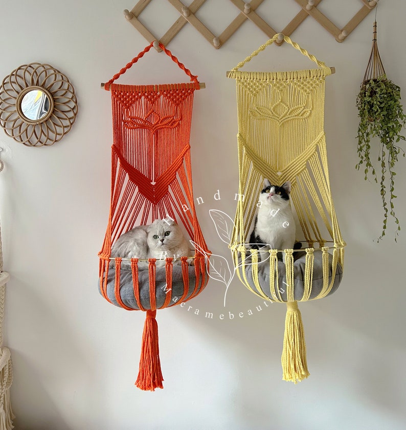 Boho Macrame Cat Hammock Hanging Cat Bed and Tree Pet Wall Furniture Crochet Cat Supplies Perfect Cat Lover Gift and Pet Gift Idea Orange