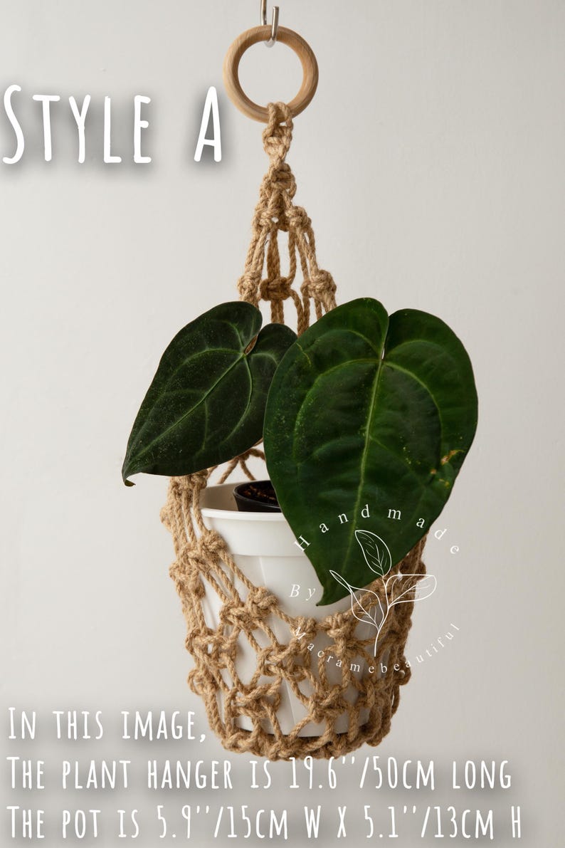 Boho jute macramé plant hanger (Style A) with wooden hanging ring, open diamond knot design suspending a white 5.9″×5.1″ pot of heartleaf philodendron—19.6″/50 cm total length.