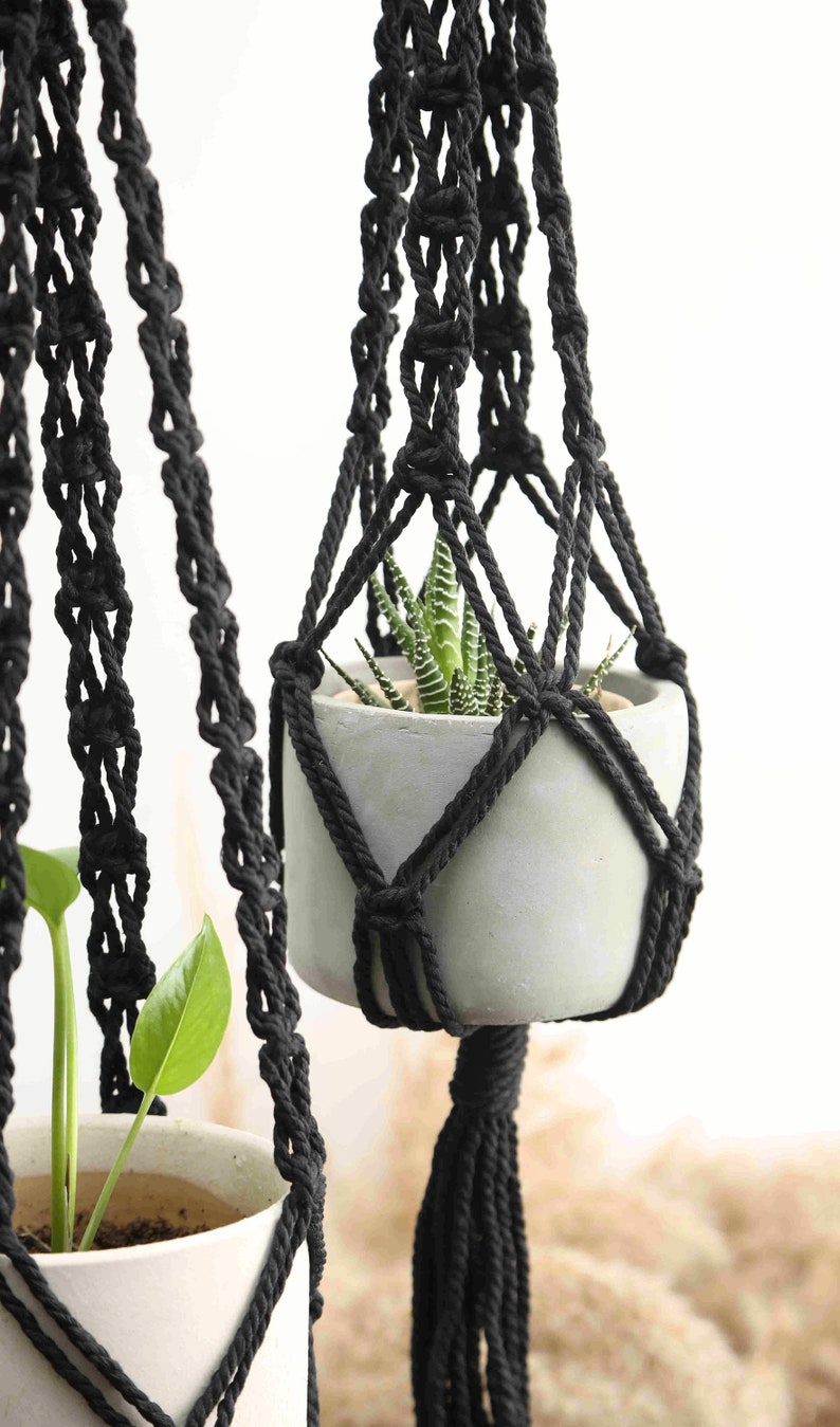 Black Macrame Plant Hanger Rope Hanging Planter for Indoor Plants Crochet Ceiling or Window Planter Pot Holder Simple Boho Plant lover gifts imagem 7