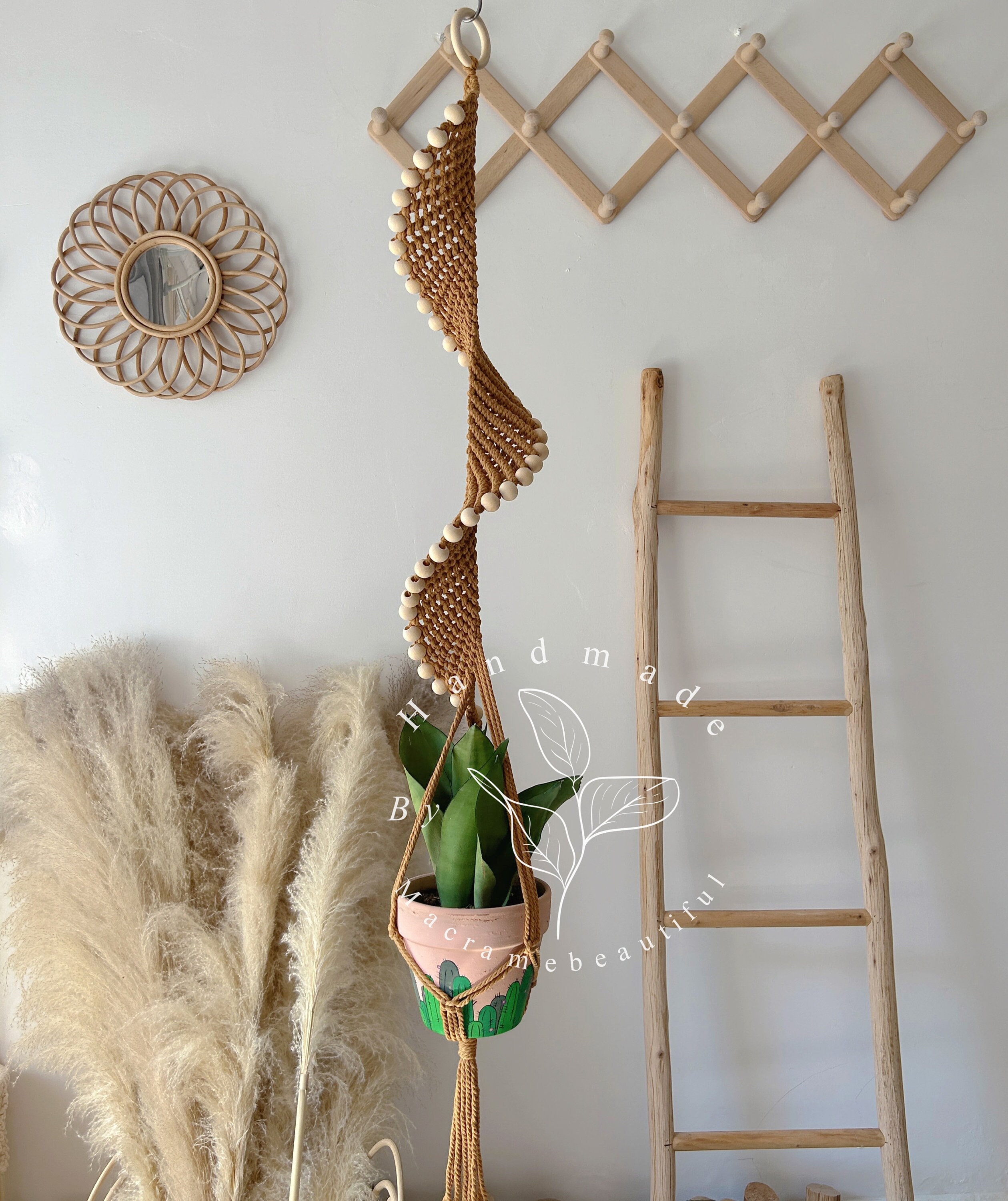 Appendino per piante in macramè, portavasi da appendere, 2 ganci in corda intrecciata, decorazione per la casa da soffitto in stile bohémien, per finestre e portici
