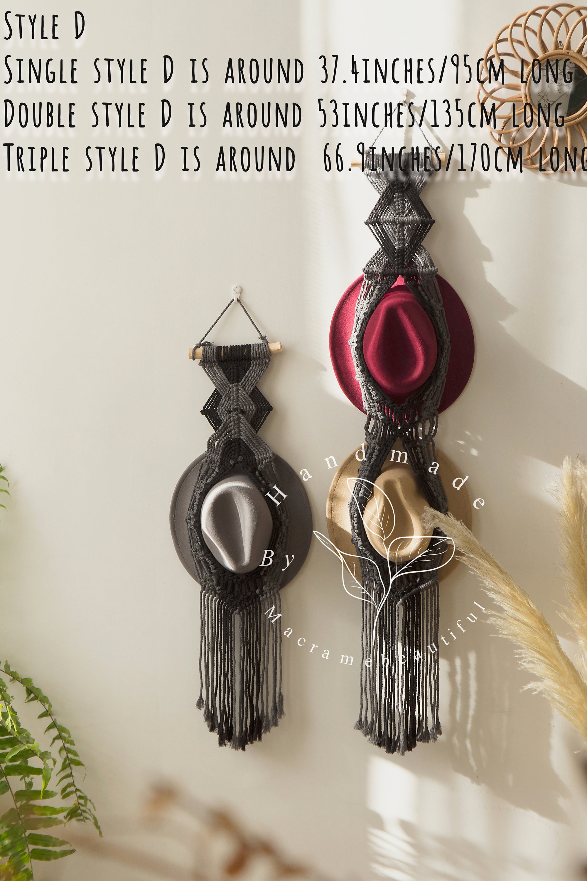 Appendiabiti Macramè Per Cappelli - Organizer Da Parete A 2 Strati, 129 Cm, Intreccio A Mano - Foto 5