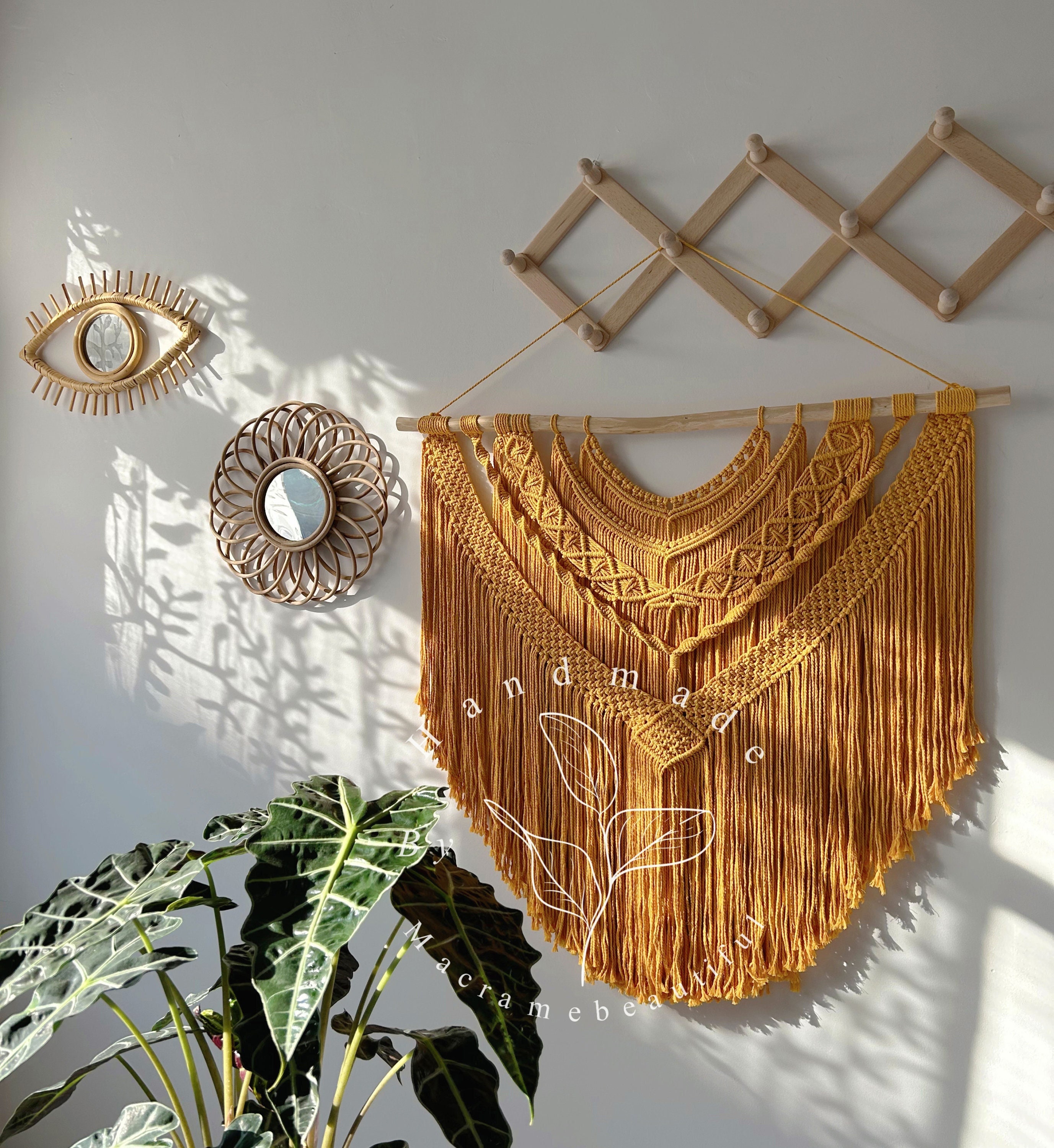 Handmade Earthy Driftwood Wall Hanging Decor with Bells, Yarn and