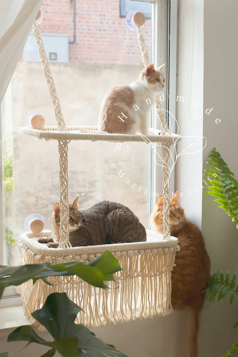 Katzenfensterstange Makramee-Katzenhängematte Fensterkatzensitz Fenstermontiertes Katzenbett Schwimmende Katzenregale Geschenke für Katzenliebhaber, Moderne Katzenmöbel Bild 2