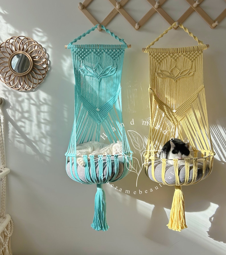 Boho Macrame Cat Hammock Hanging Cat Bed and Tree Pet Wall Furniture Crochet Cat Supplies Perfect Cat Lover Gift and Pet Gift Idea Light Yellow