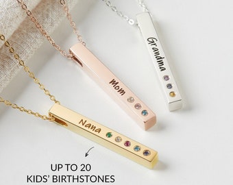 Custom Birthstone Necklace for Mom, Engraved Bar Necklace for Her, Custom Family Necklace, Mother's Day Jewelry, Kids Birthstones Jewelry