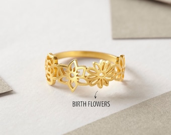 Bloemenring meervoudige geboorte, Moederdagcadeau voor moeder, bloemenring familie, gecombineerde bloemensieraden geboorte kinderen, gepersonaliseerde familiering