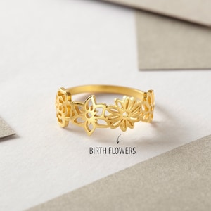 Mehrfach-Geburtsblumenring, Muttertagsgeschenk für Mama, Familienblumenring, Kombinierte Kindergeburtsblumenschmuck, personalisierter Familienring