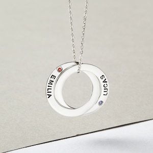 Mom Necklace with Kids Names, Personalized Mother Necklace Gift, Interlocking Circle Necklace, Kids Birthstones Necklace, Family Birthstone