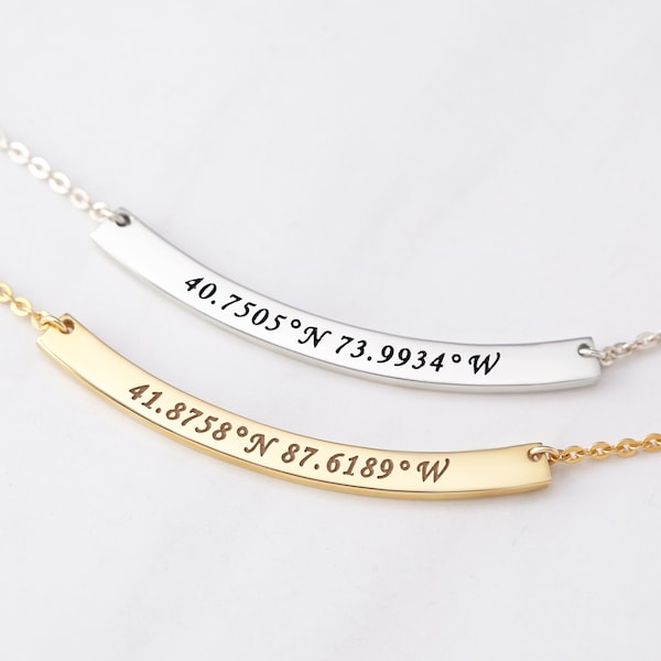 Coordinates Bar Necklace, Custom Christmas Gift, Curved Bar Necklace, Coordinates Jewelry, Best Friend Gifts, High School Graduation Gift