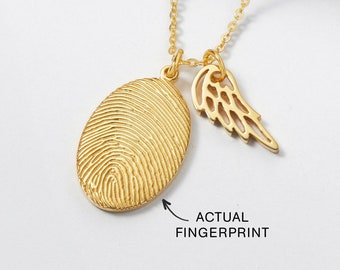 Colar com impressão digital autêntica e pingente de asa de anjo, colar personalizado com impressão digital do polegar, colar oval memorial com impressão digital, joia para o Dia das Mães.