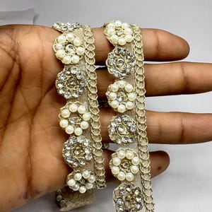 Pearl & Zircon Lace Trim: Handcrafted Zari Mini Floral Trim