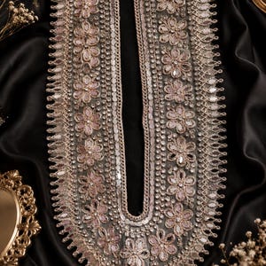 Embroidered Neckline Applique, Floral Mirror Beaded Trim, Bridal Kurti Yoke Design
