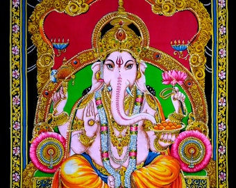 Hindu God Lord Ganesha Home Decor Small Poster Wall Hanging Religious God Tapestry Sequin Batik Ethnic Bohemian