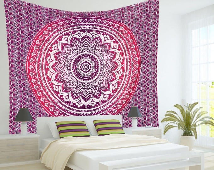 pink purple Mandala Tapestry: Indian Cotton Wall Hanging, Bohemian Decor