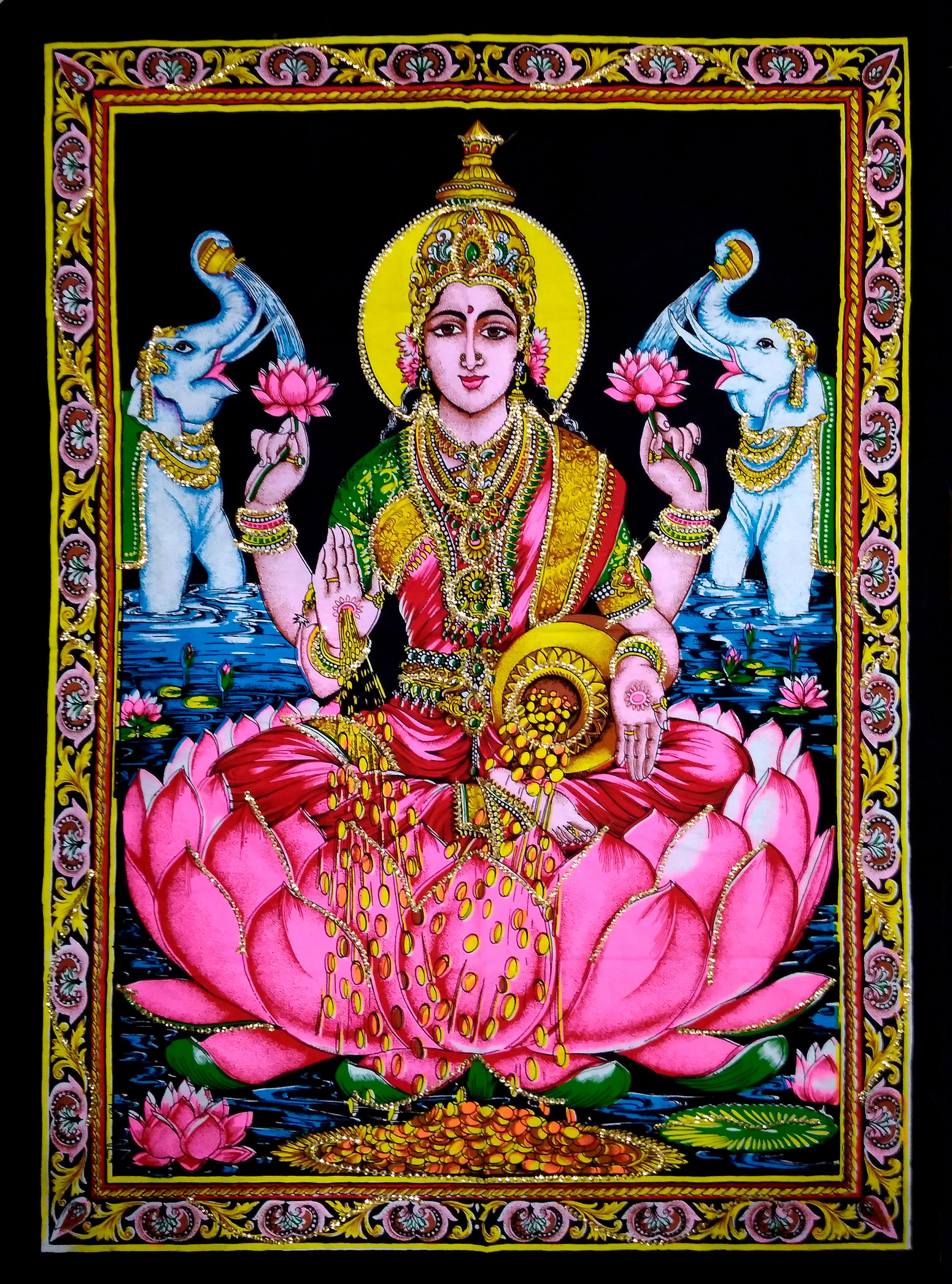 Indian Sequin Tapestry Goddess Lakshmi Laxmi Ji Wall Hanging Home Decor Best Gift Tapestry Cotton 40x30 Inches