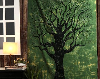 Indian Tree of Life Tapestry: Green Boho Wall Hanging, 84x54 Inches