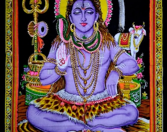 Religious Sequin Batik Wall hanging Poster Lord Shiv Shankar Hindu God Tapestry Home Decorative Ethnic Printed