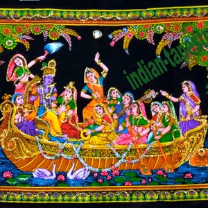 Cotton Wall Hanging Sequin Radhe krishna Poster Tapestry 40x30 Inches Gift Wall Decor