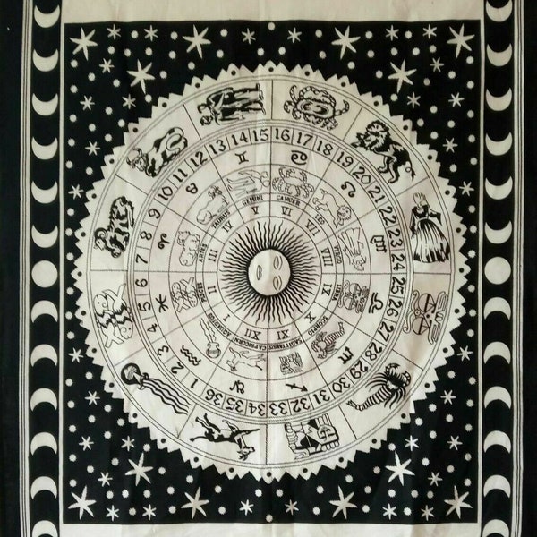 Petite affiche murale noire et blanche en tissu de coton tapisserie géométrique astrologie zodiaque décoration d'intérieur bohème