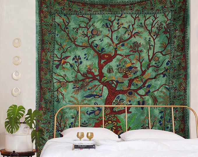 Tree of Life Tapestry: Green Tie Dye Indian Wall Hanging (84x54 Inches)