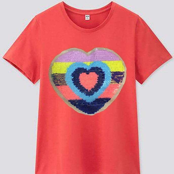Girls Heart Multi Colour Sequins Patch Tee Shirt