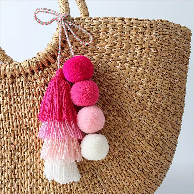 Buy Curatelier Rian Faux Fur Khaki Pom Pom Powder Puff Ball With Pink  Grosgrain Ribbon Key Ring Bag Charm