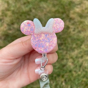 Light pink Minnie Inspired Badge Reel | Disney inspired badge clip | retractable badge holder | nurse | teacher | dental hygienist | glitter