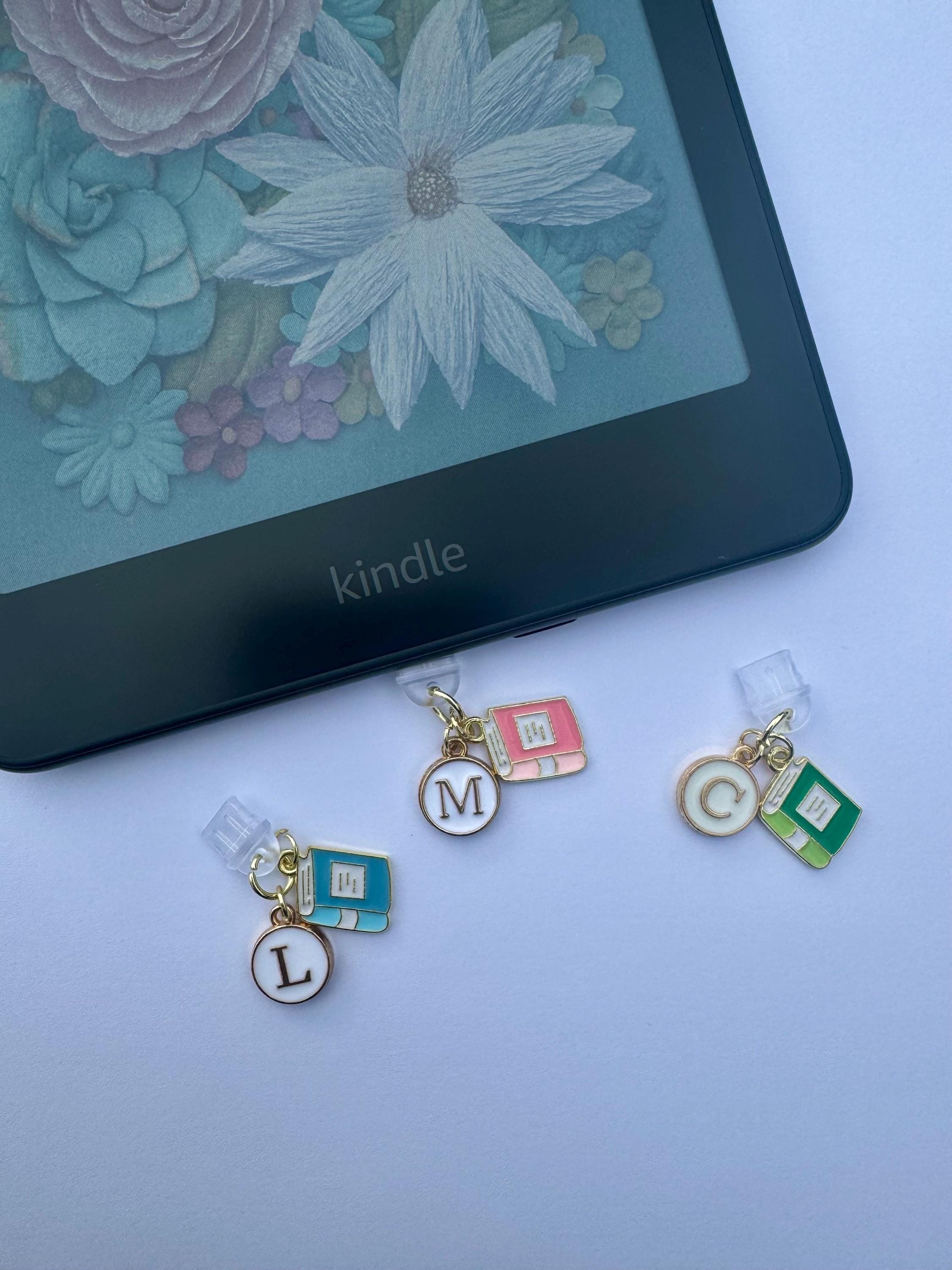 kindle book and initial charm | dust plug | usb-c dust cover charm | phone charm | kindle accessories | personalalized