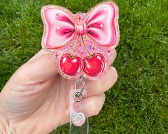 Cherry Bow Glitter Badge Reel: Nurse/Teacher Retractable ID Holder