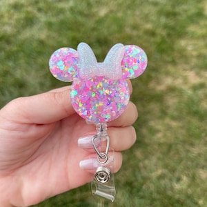 Pink Glitter Minnie Mouse Inspired Badge Reel: Retractable ID Holder